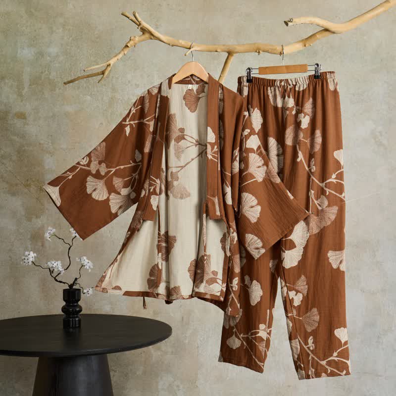Bawełniana piżama kimono z motywem liści miłorzębu w kolorze brązowym, rozmiar XL