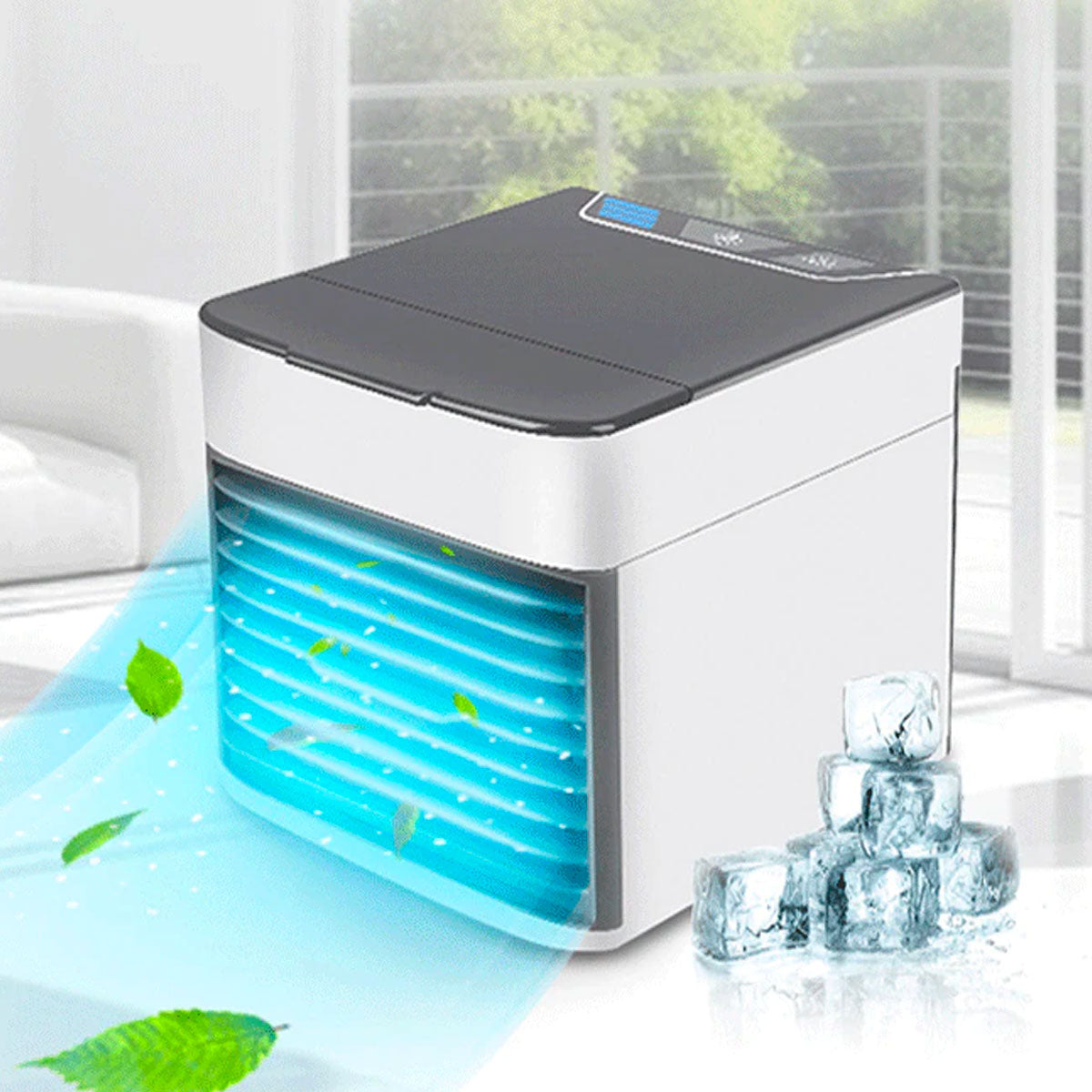 Kompaktowy mini klimatyzator 3w1 na biurku – widok z przodu