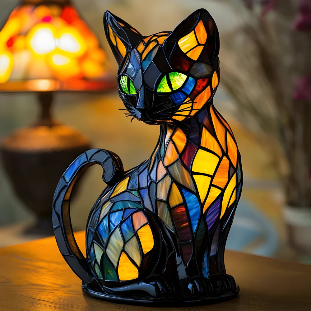 Lampa Stołowa Szklana Tiffany w Kształcie Kota – Ręcznie Wykonana Lampa Dekoracyjna do Salonu i Sypialni 0