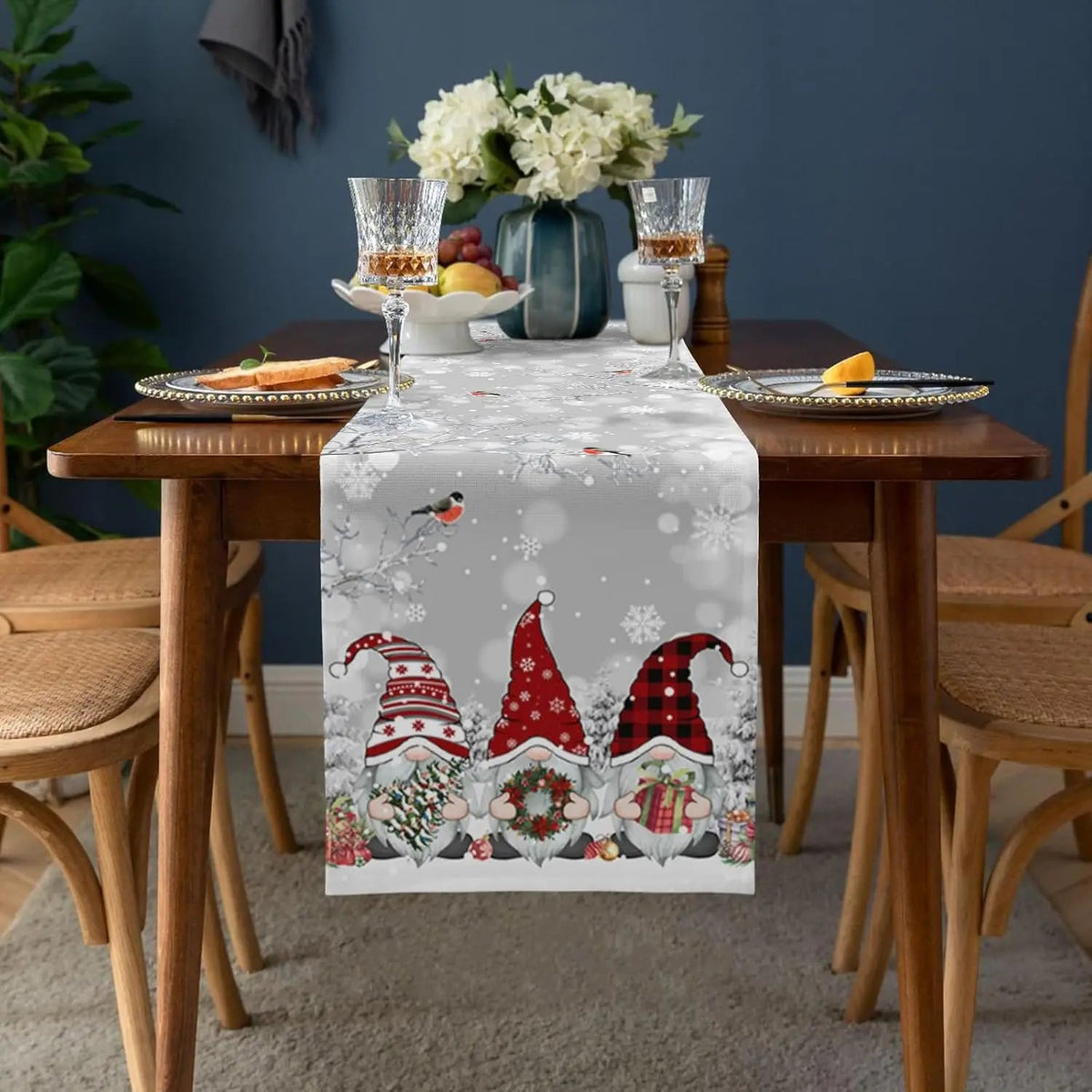 Luksusowy Biegacz Świąteczny z Gnomami i Płatkami Śniegu – 100% Len, Różne Rozmiary 178x33 cm, 183x33 cm, 229x33 cm 1
