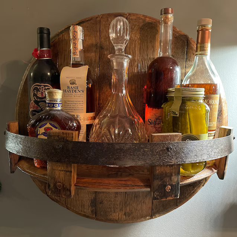 Wandmontowany Regał na Wino w Stylu Beczek – Rustykalny Akcent do Wnętrza, Unikalny Design z Recyklingowanych Materiałów, 30x30x16 cm 3