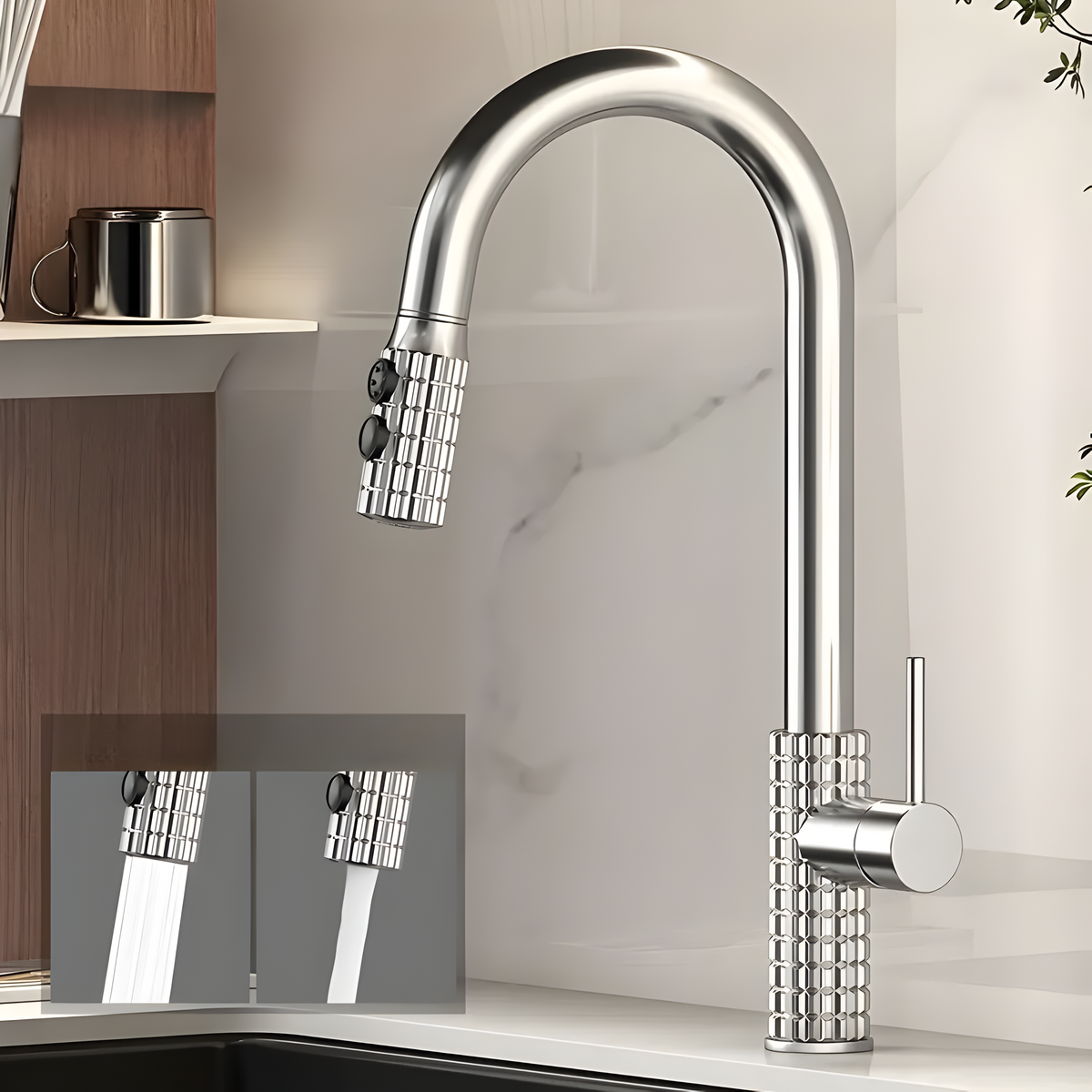 Wysoko wygięta metalowa bateria kuchenna – elegancki antyczny mosiądz z wyciąganą głowicą natryskową, łatwa w czyszczeniu i obsłudze 5