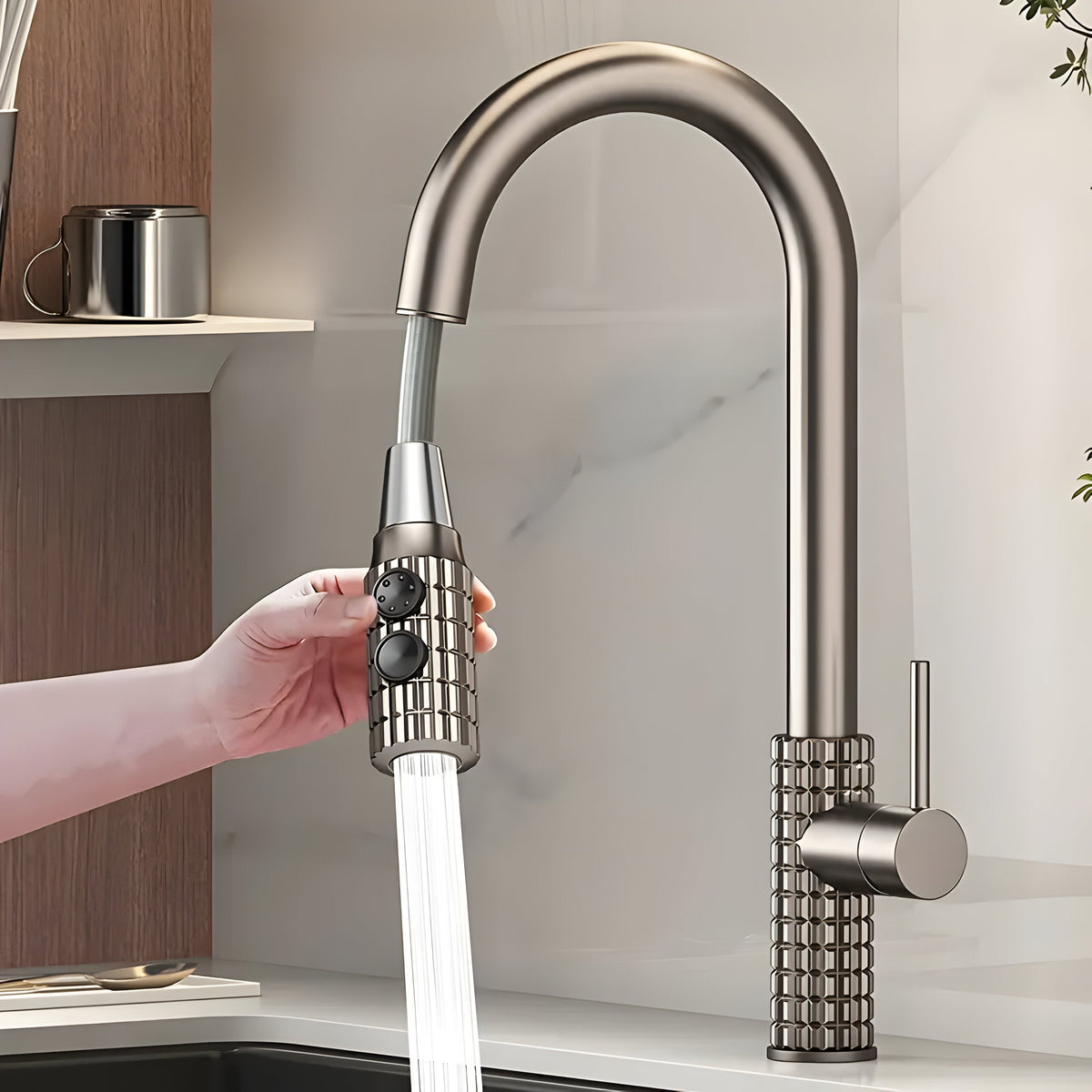 Wysoko wygięta metalowa bateria kuchenna – elegancki antyczny mosiądz z wyciąganą głowicą natryskową, łatwa w czyszczeniu i obsłudze 7