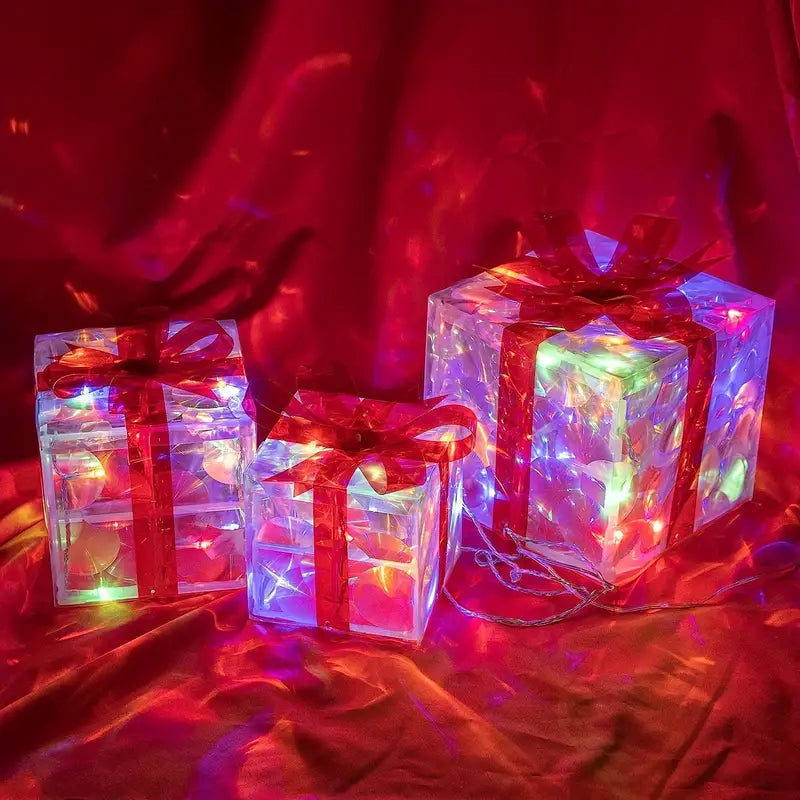Zestaw 3 LED Pudełek Dekoracyjnych na Prezenty Glowbox – Ozdobne Pudełka na Święta z Ciepłym Światłem 3