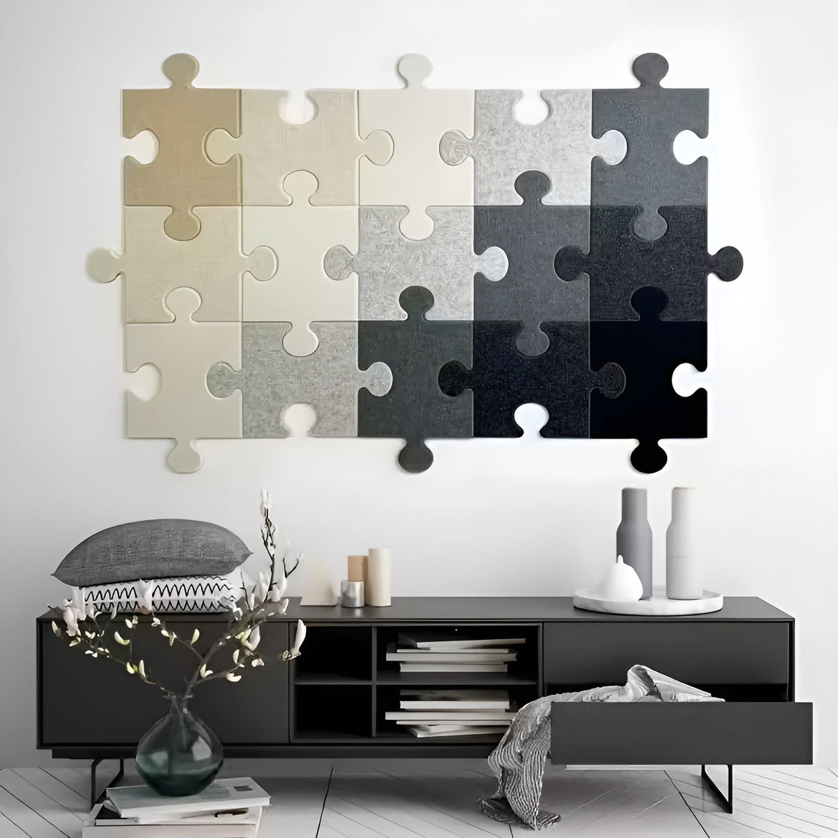 Filcowe Naklejki Ścienne Puzzle (15 szt.) – Elegancka Dekoracja do Salonu, Sypialni i Ściany TV - Styl 4