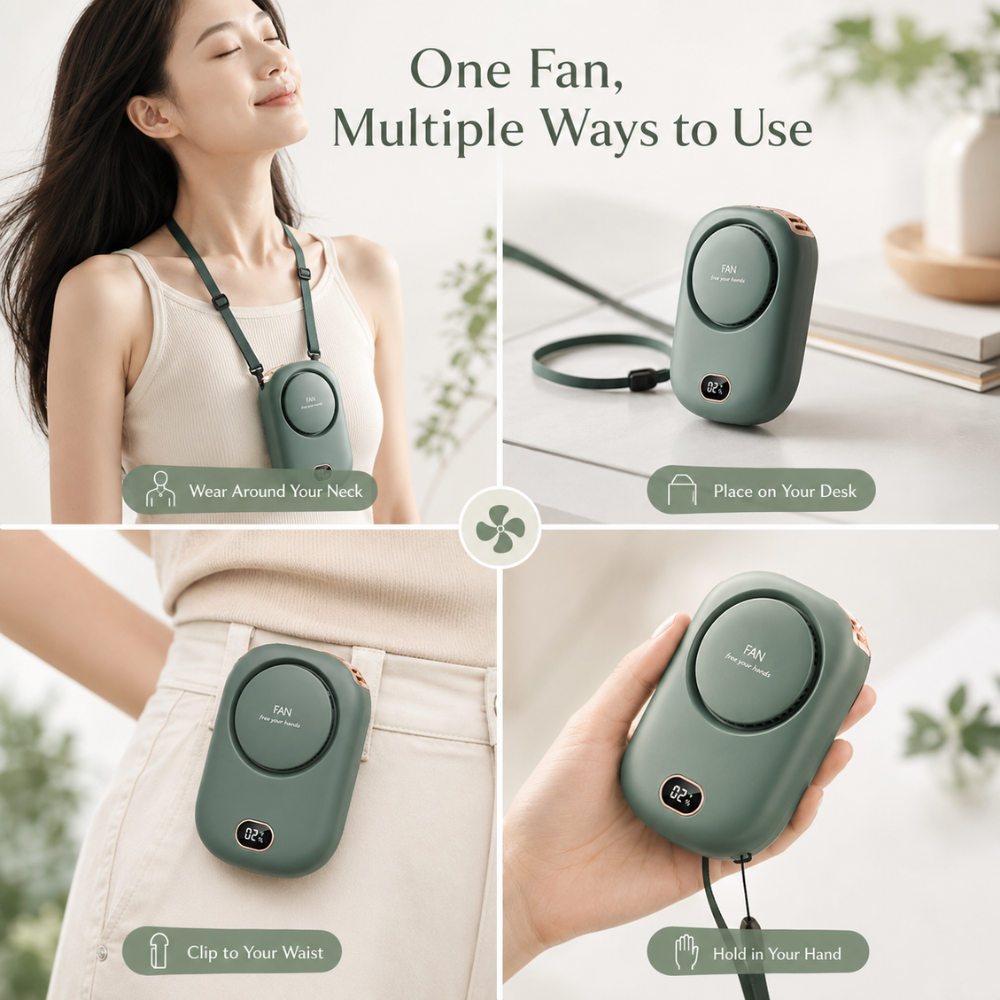 Wentylator na szyję z wyświetlaczem – przenośny mini-wentylator USB z 3 prędkościami