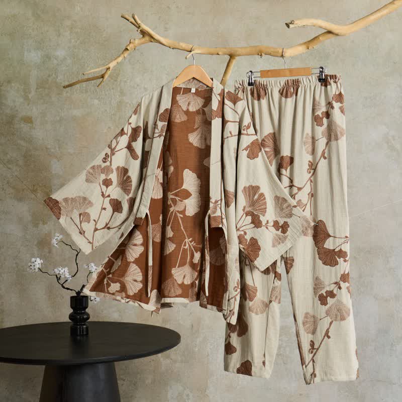 Bawełniana piżama kimono z motywem liści miłorzębu w kolorze beżowym, rozmiar XL