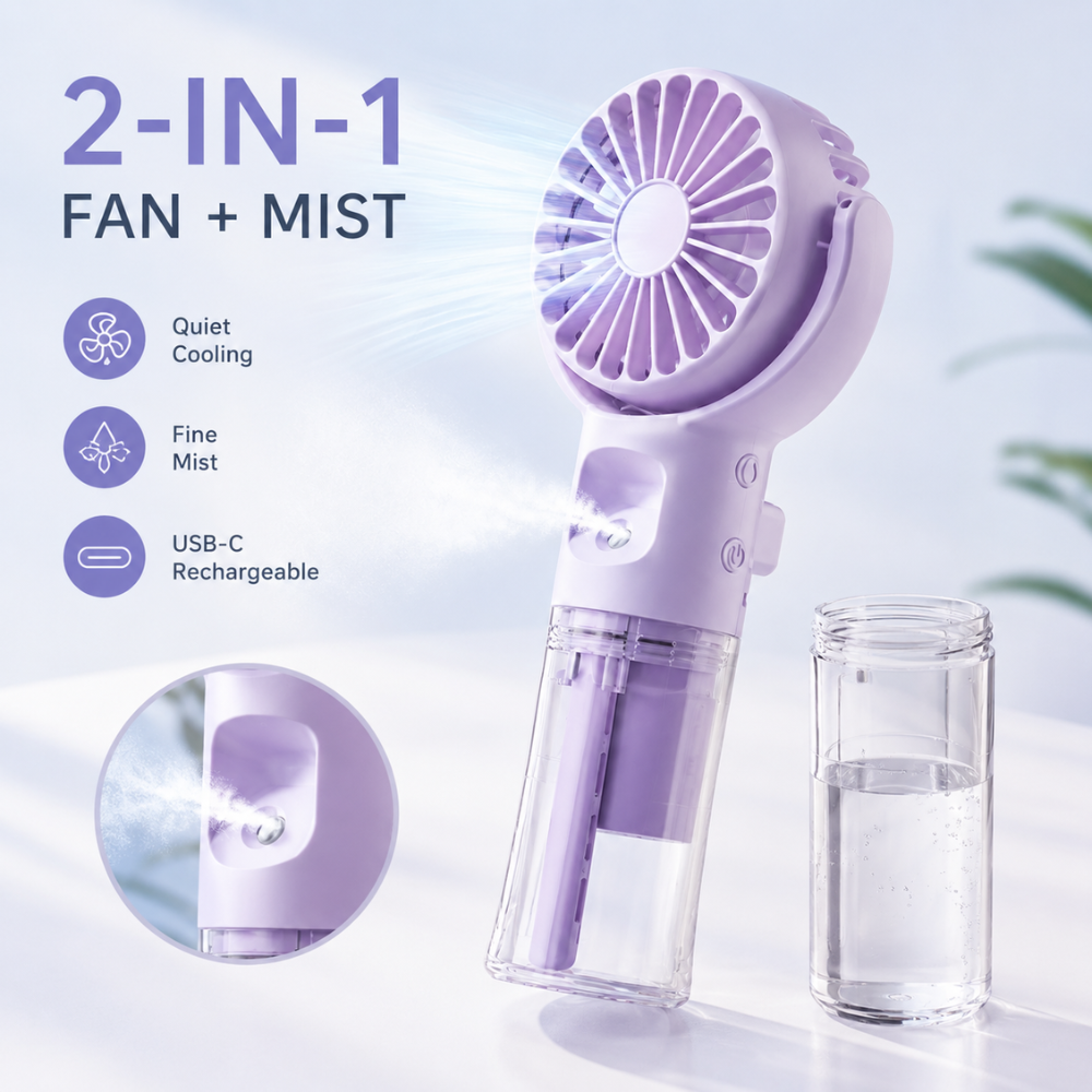 Mini wentylator USB z obrotową głowicą i funkcją mgiełki