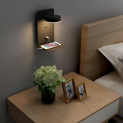 Kinkiet LED Aluminiowy z Półką i Ładowaniem USB – Nowoczesny Kinkiet Ścienny do Sypialni i Salonu, ściemnianie Trójkolorowe 2