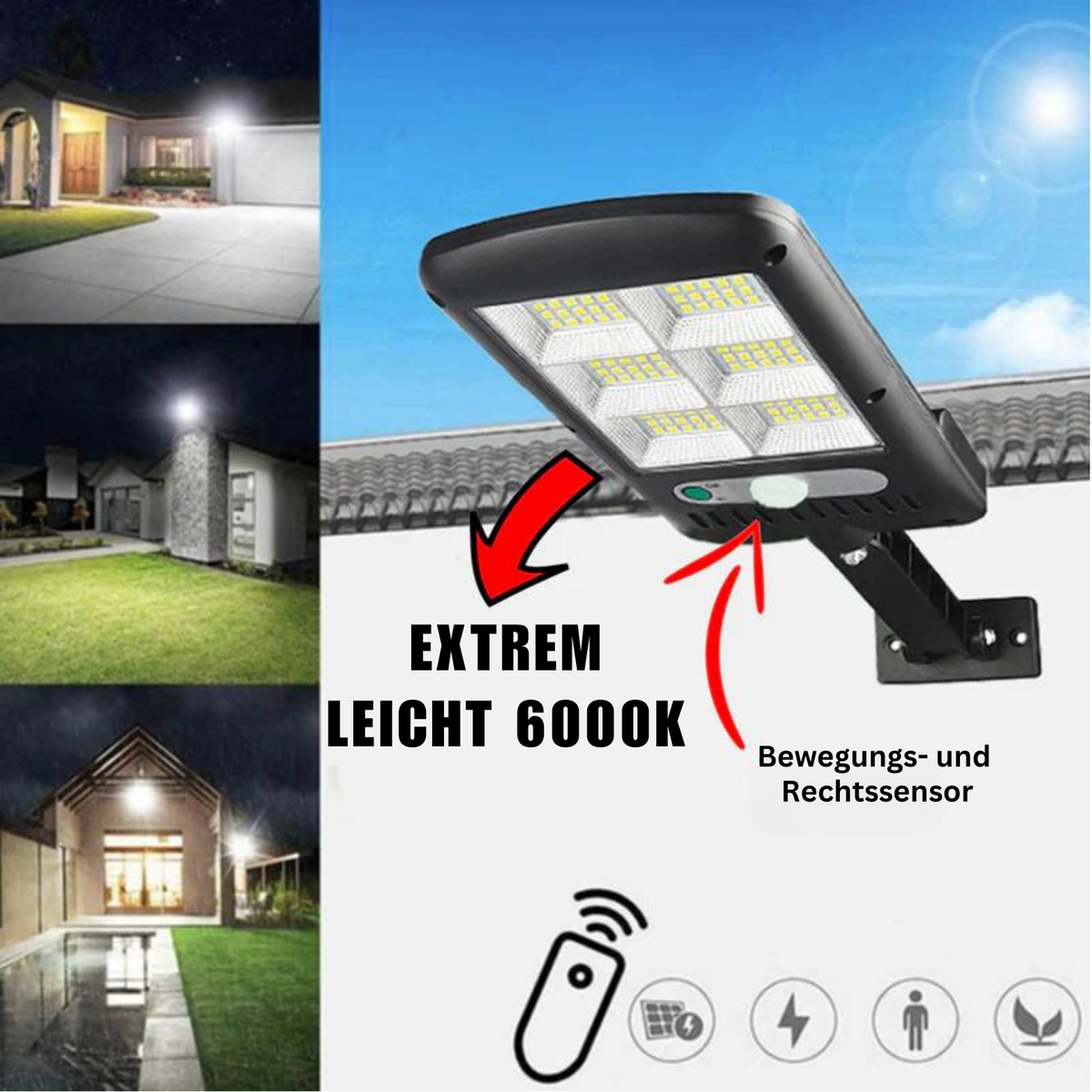 Lampa Solarna Ogrodowa LED z Czujnikiem Ruchu i Pilotem, Super Jasne Światło 6000K, IP65, Energooszczędna 1