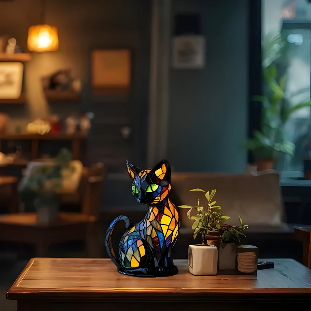 Lampa Stołowa Szklana Tiffany w Kształcie Kota – Ręcznie Wykonana Lampa Dekoracyjna do Salonu i Sypialni 2