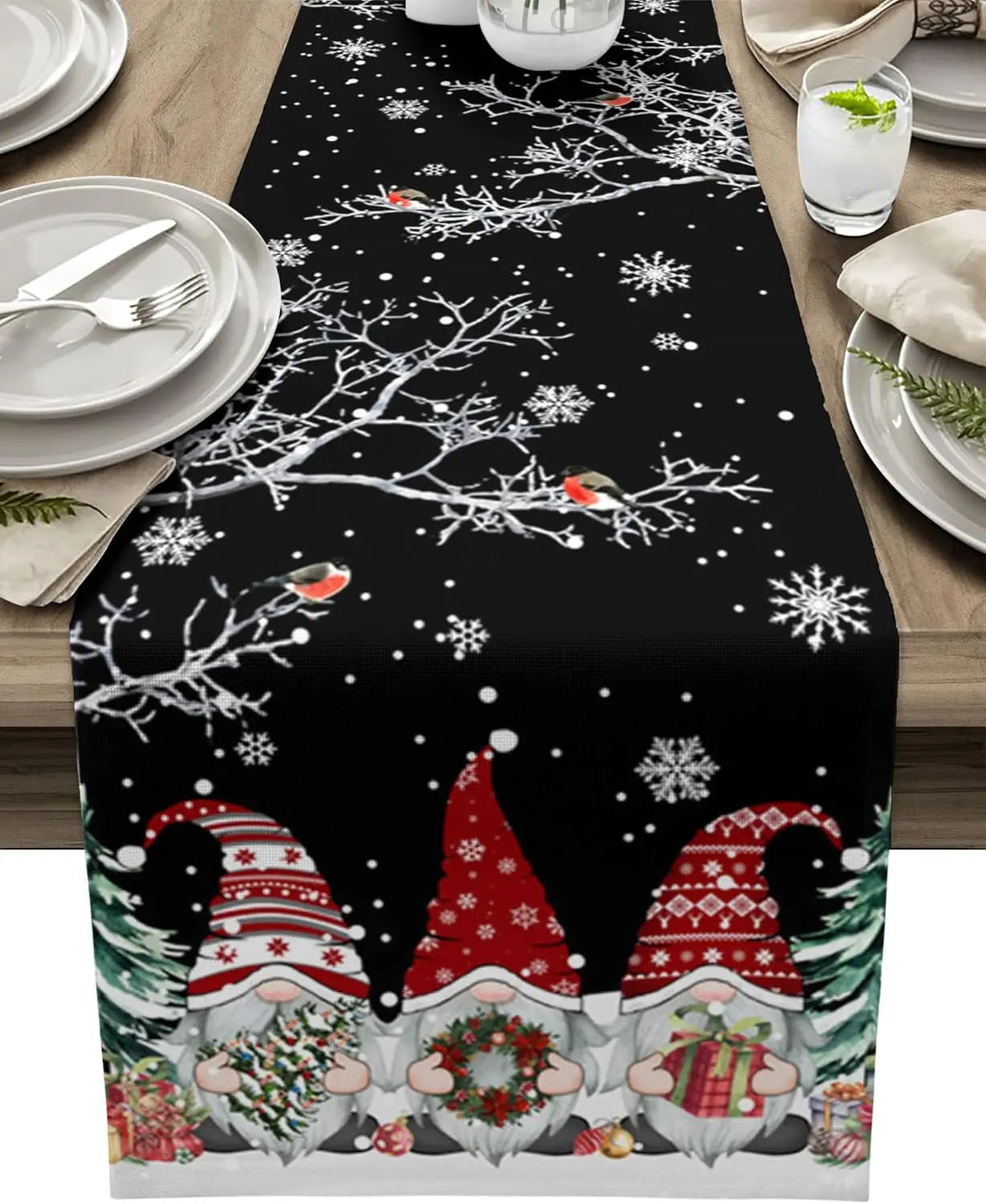 Luksusowy Biegacz Świąteczny z Gnomami i Płatkami Śniegu – 100% Len, Różne Rozmiary 178x33 cm, 183x33 cm, 229x33 cm 0