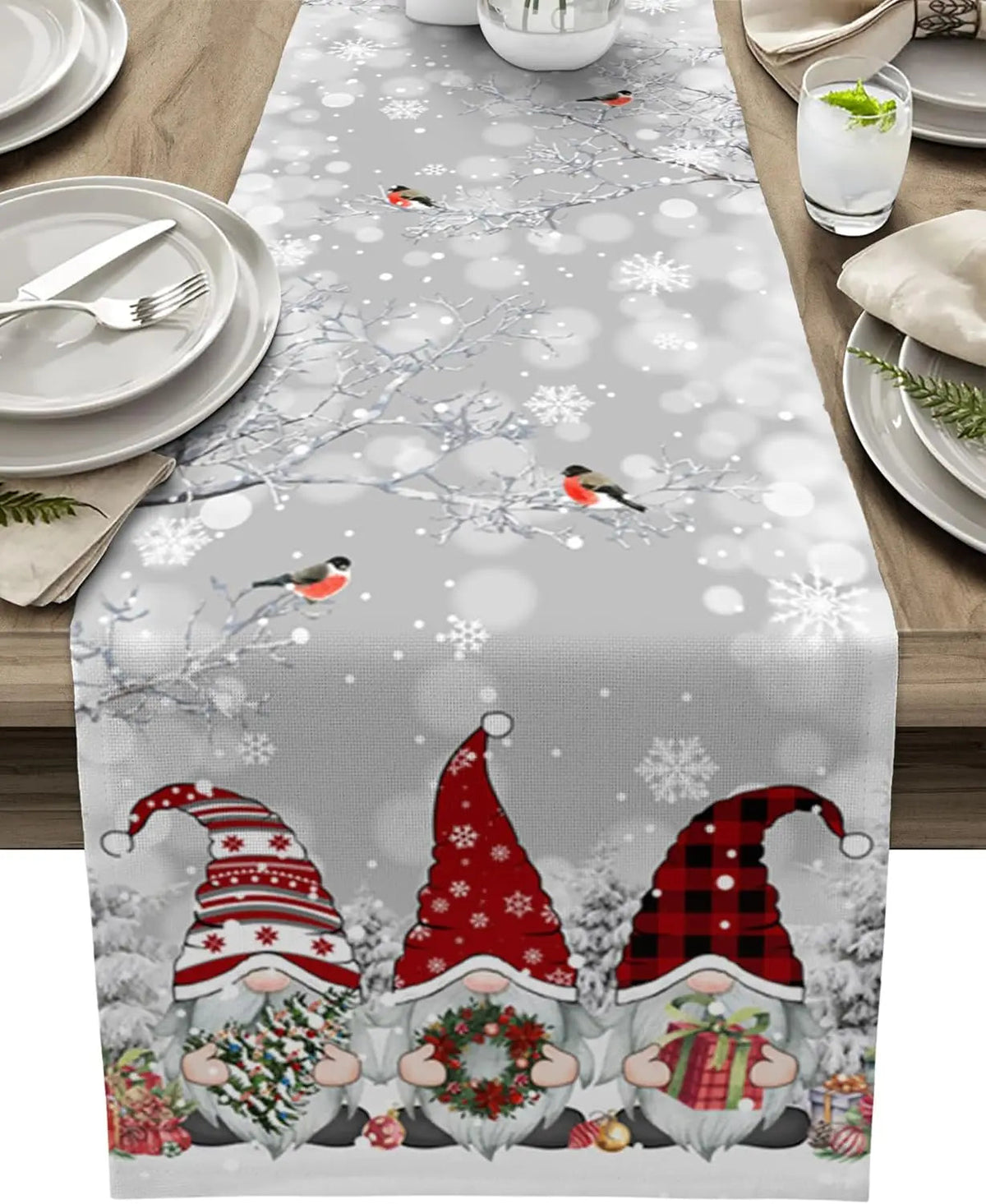 Luksusowy Biegacz Świąteczny z Gnomami i Płatkami Śniegu – 100% Len, Różne Rozmiary 178x33 cm, 183x33 cm, 229x33 cm 3