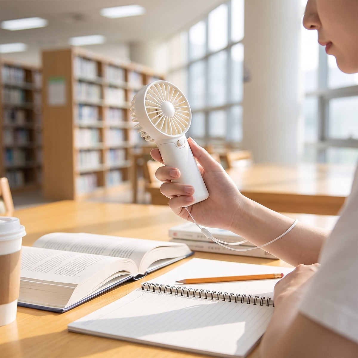 Mały wentylator ręczny podczas nauki w bibliotece